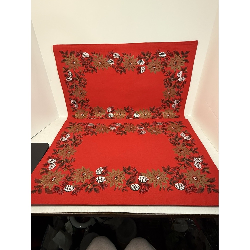 Fallani & Cohn‎ Poinsettia & Pine Christmas Cloth Placemats Reversible VTG Set 4